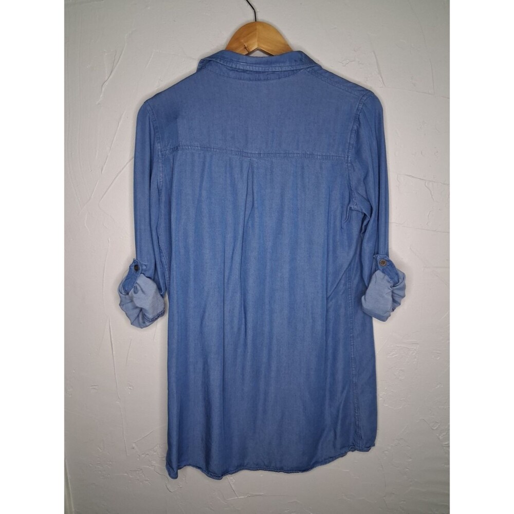 Lulus Chambray Button Front Shirt Dress Tunic Small Blue Roll Tab Sleeve Casual - Picture 10 of 10